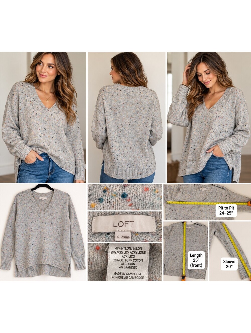 LOFT Confetti Fleck V Neck Sweater Gray High Low Hem Size Small